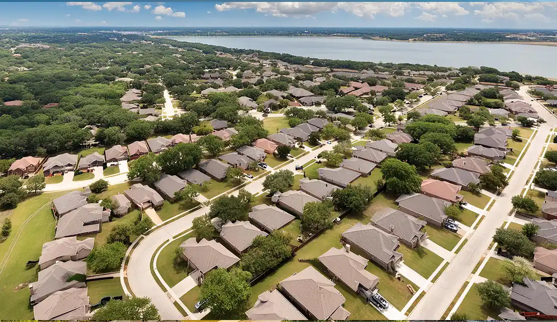 Azle TX HOA management company aerial view of lake and neighborhood