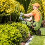 Landscaper trimming shrubs in a well-maintained residential garden, representing HOA landscaping and common area upkeep.